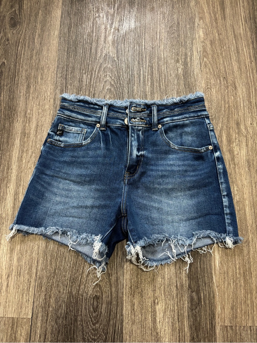 KanCan Dark Blue High-Rise Frayed Hem Denim Shorts